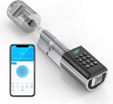 Електронний дверний замок RUILON з Bluetooth, паролем та додатком, регульований циліндр 50-100 мм, сріблястий, для вхідних дверей, модель PBL20EBL41