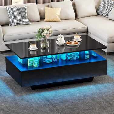 YITAHOME журнальний стіл білий, глянцевий з LED підсвіткою 16 кольорів, сучасний столик у вітальню з відкритою полицею та 4 висувними шухлядами, 90x55x41,1 см