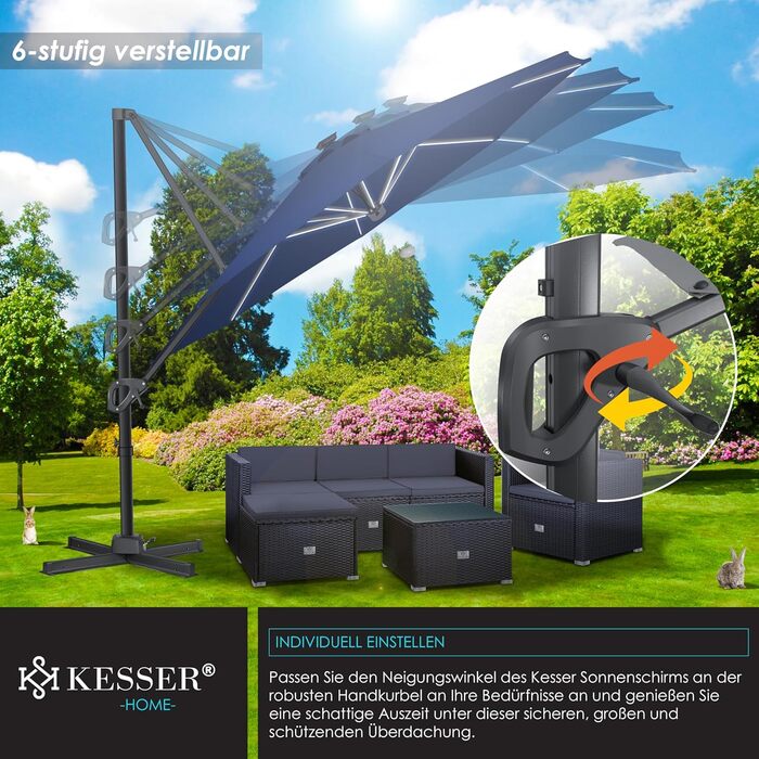 Сонячна парасолька KESSER XL 330 см з LED-підсвічуванням, сонячною батареєю, чохлом, вітрозахистом, 7-позиційним регулюванням, нахилом, обертанням 360°, для саду, з ручкою, захист від UV50+, темно-синя