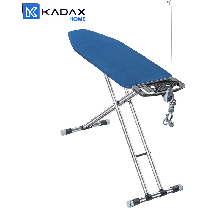 Складана прасувальна дошка KADAX 120x42 см з алюмінію з підставкою для праски, тримачем для кабелю, регулюванням висоти та розеткою, темно-синя
