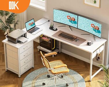 Письмовий стіл ODK білий L-подібний з 4 шухлядами, розетками та USB, кутовий комп'ютерний стіл для домашнього офісу та геймінгу, 135×100 см