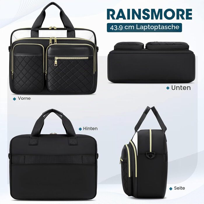 Сумка для ноутбука RAINSMORE 17.3 дюймів для жінок, водонепроникна ділова сумка-портфель для роботи та офісу, чорно-біла