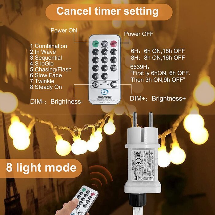 Гірлянда кулькова WOWDSGN 200 LED 20 м, диммована, для дому та вулиці, 8 режимів, енергозберігаюча, тепле біле світло, для Різдва, вечірок, весіль, саду
