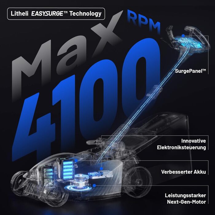 Акумуляторний газонокосарка Litheli 20V, ширина косіння 43 см, до 200 м², об'єм кошика 30 л, регулювання висоти 25-65 мм, акумулятор 4.0 Ah, Easysurge