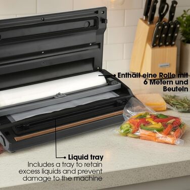 Вакуумний пакувальник Vesta Precision V11 для продуктів, 31 см, чорний - побутовий вакууматор з рулоном для упаковки