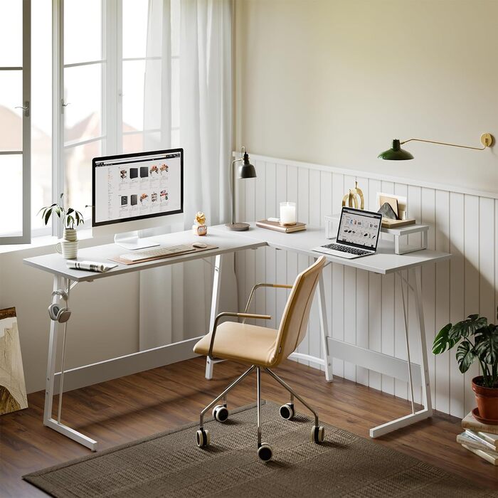 Кутовий письмовий стіл CubiCubi 120x120 см, білий, з полицею для монітора та шухлядами, комп'ютерний стіл для офісу, простий монтаж, місткий, компактний L-подібний стіл
