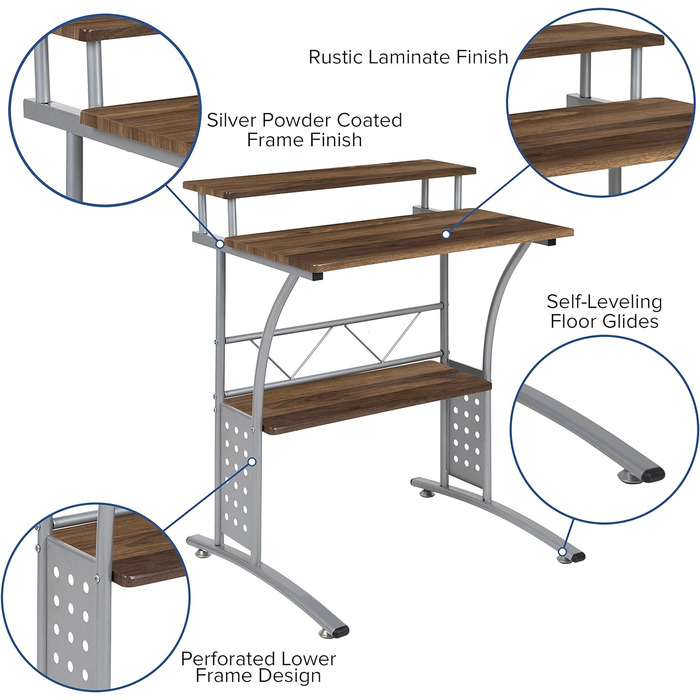 Комп'ютерний стіл Flash Furniture з металу та МДФ, полицями, рустикальний горіх