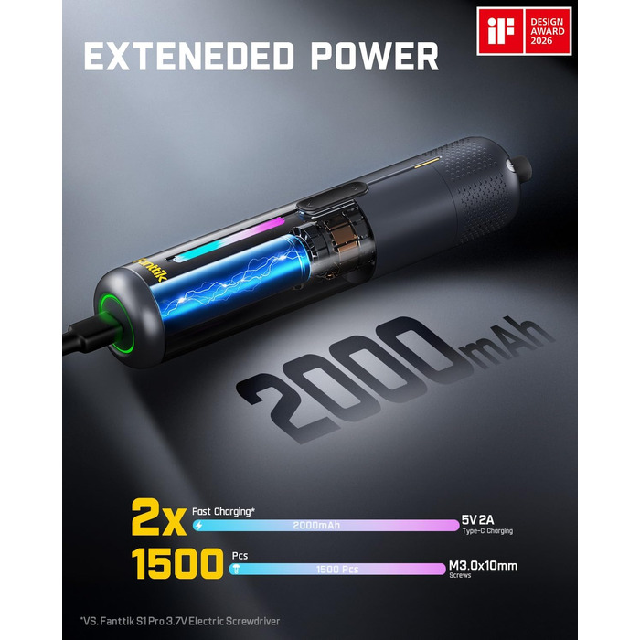 Акумуляторний шуруповерт Fanttik S2 Pro 3.7V, 7 моментів (0.5-6 Нм), 20 біт, адаптер 90°, для меблів та ремонту