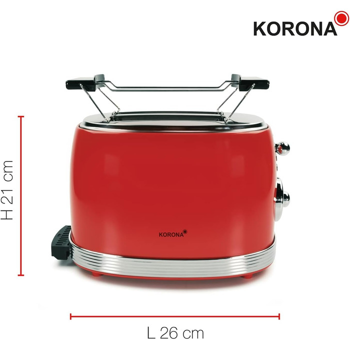 Тостер Korona 21668, 2 скибки, ретро дизайн, червоний, 850 Вт, 6 режимів, розморожування, підігрів, насадка для булочок, піддон для крихт, центрування хліба