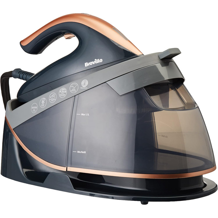 Парова праска-станція Breville PressXpress soleTEMP 2600 Вт, постійна подача пари 115 г/хв, багатонаправлена підошва, знімний резервуар 1,7 л, сіра з рожевим золотом