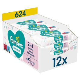 Дитячі вологі серветки Pampers Sensitive, без ароматизантів, для чутливої шкіри, 12 упаковок по 52 шт (загалом 624 шт)