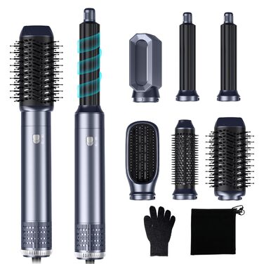 Багатофункціональний стайлер для волосся Haarstyler 6-в-1: фен-щітка, випрямляч, плойка, насадки для об'єму та локонів, блакитно-золотий
