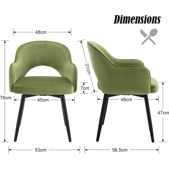 Стілець для їдальні Chairus, комплект 2 шт, оксамитовий, 360° обертання, кухонний м'який крісло з підлокітниками, для дому, офісу, вітальні, зелений, 53x58x78 см