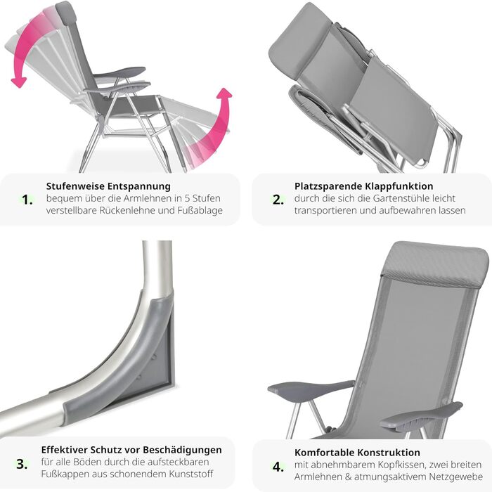 Алюмінієві шезлонги tectake® 2 шт, садові лежаки з 5-позиційною спинкою, складані, з підніжкою та подушкою для голови, для саду, кемпінгу, балкона