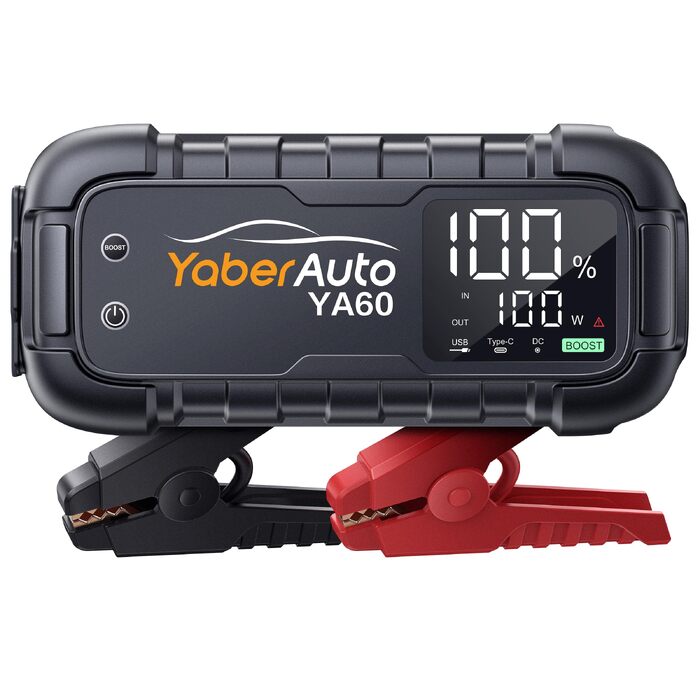 Бустер для автомобіля YaberAuto 8000A, пусковий пристрій Powerbank 26800mAh, 65W USB-C PD, для бензинових та дизельних двигунів до 12.0л, з ліхтарем 600 Лм