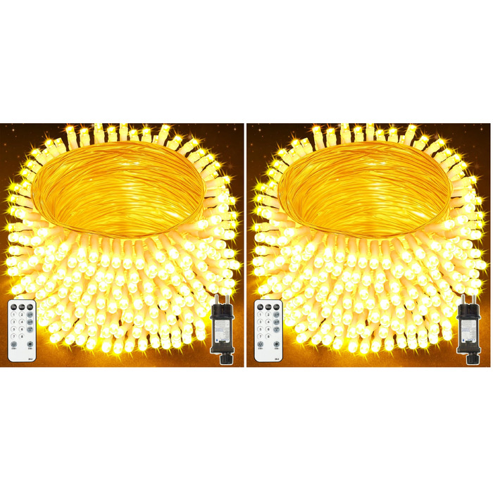 Світлодіодна гірлянда вулична 50м (200 LED), теплий білий колір, IP44 водонепроникна, з пультом керування, таймером та 8 режимами роботи (набір 2 шт), прозорий дріт