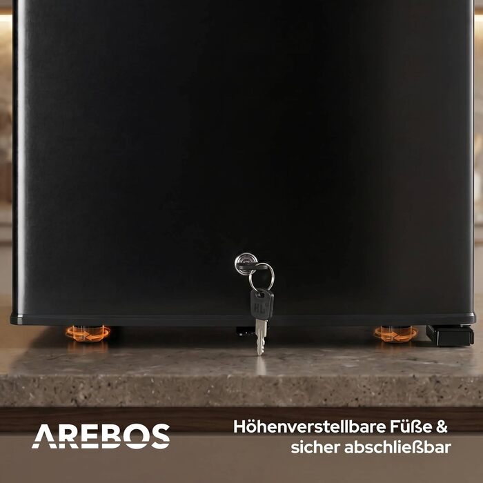 Міні-холодильник Arebos 40L: безшумний компактний бар для напоїв та офісу, з LED-підсвіткою, регулюванням температури та замком, чорний