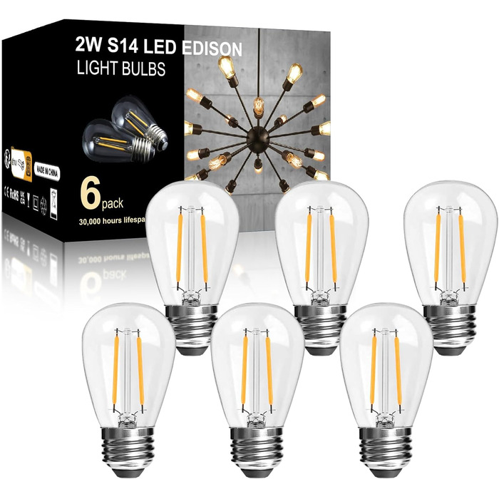25 LED-ламп E27 2W, тепле світло 2700K, скляні, для ліхтарів та гірлянд, не димуються, заміна 20W