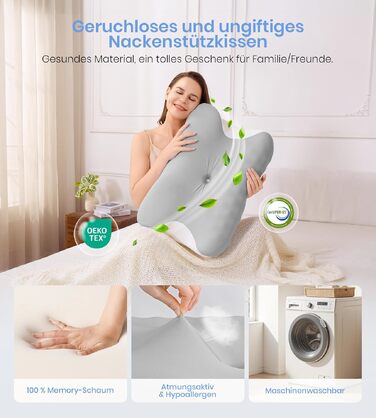 Ортопедична подушка з піни Memory Foam 2-в-1, 60x41.5x10/12 см, біла/сіра - для сну на боці, спині, животі