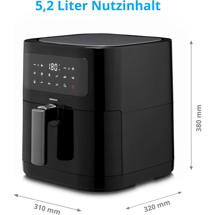 Аерофритюрниця MEDION E40 XL, 5.2 л, 2150 Вт, 9 програм, без олії, сенсорне керування, чорна