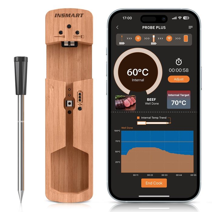 Бездротовий м'ясний термометр INSMART Bluetooth 100м, водонепроникний IPX7, з розумним додатком для духовки, гриля, коптильні, аерофритюрниці, основний колір