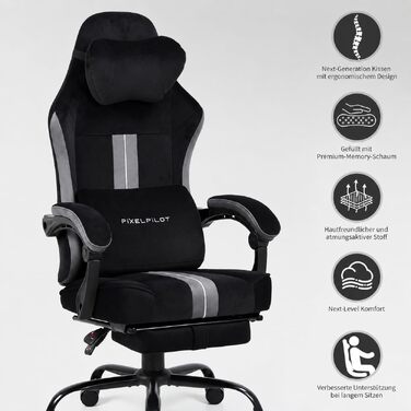 Ігрове крісло PixelPilot Ergonomic з підставкою для ніг, дихаюча тканина, підголівником та поперековою підтримкою, посилене до 150 кг, чорне