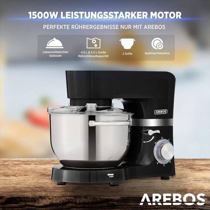 Кухонна машина Arebos 1500W чорного кольору | Міксер з 2 чашами з нержавіючої сталі 4.5 та 5.5L | Тиха робота | 6 швидкостей, набір насадок (крюк для тіста, вінчик, гак для збивання)