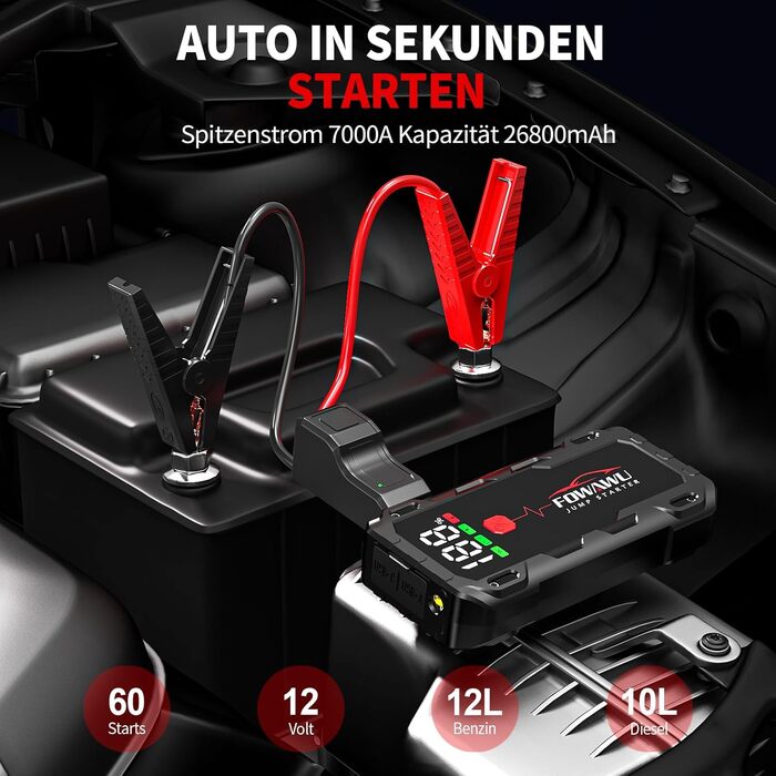 Бустер для автомобіля FOWAWU 7000A 26800mAh — Пусковий пристрій (Jump Starter) для бензинових двигунів до 12л та дизельних до 10л
