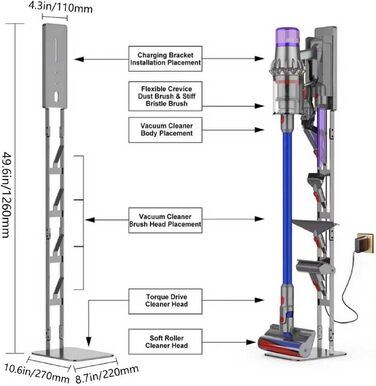 Підставка для пилососа Dyson V15 V12 V11 V10 V8 V7 V6 та серії DC — Стійка для зберігання з вугільцевої сталі з антиковзаючим дизайном