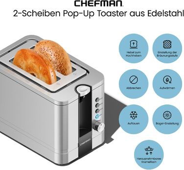 Тостер Chefman з нержавіючої сталі на 2 скибки, 7 режимів підсмажування, широкі слоти для бейглів, функції розморожування, підігріву та зупинки, знімний піддон для крихт, 925 Вт, 240 В, сріблястий