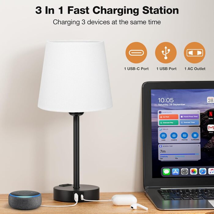 Настільна лампа Kakanuo з торшером, 2 шт., USB зарядка A+C, LED, торшер для спальні, вітальні, дитячої кімнати, офісу (білий)