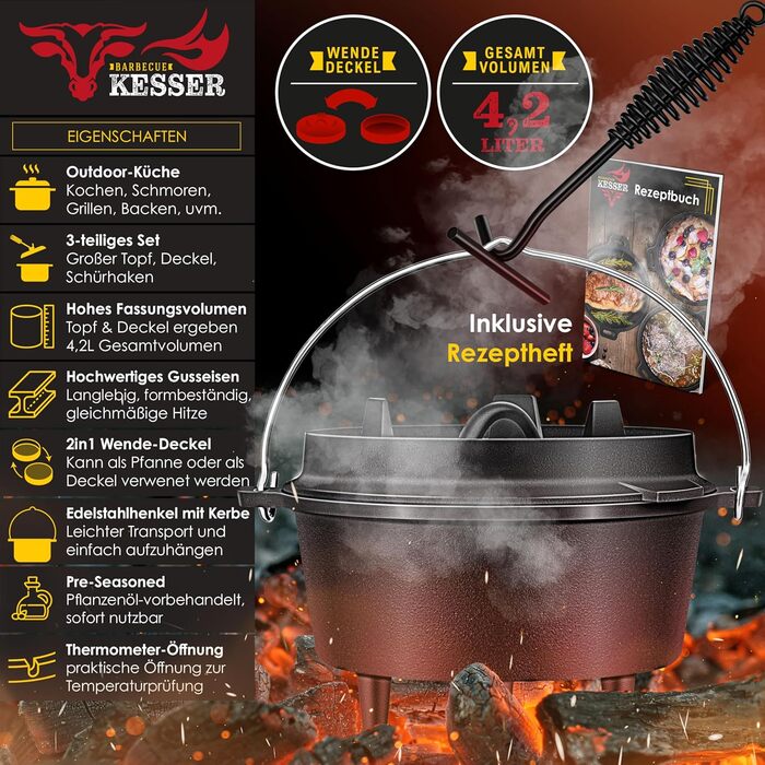 Набір голландських казанів KESSER® для приготування на грилі та в духовці, 4.2 л, чавун, з кришкою та термометром, чорний