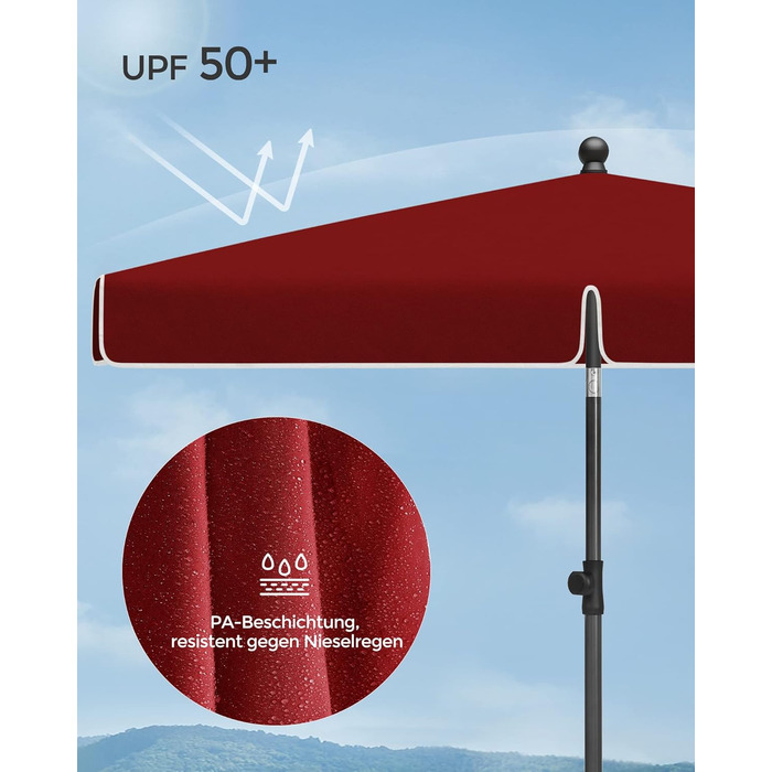Парасолька від сонця SONGMICS для балкона та тераси, UPF 50+, регульована висота та нахил 30°, червона, 200 x 125 см, без стійки, GPU180G01