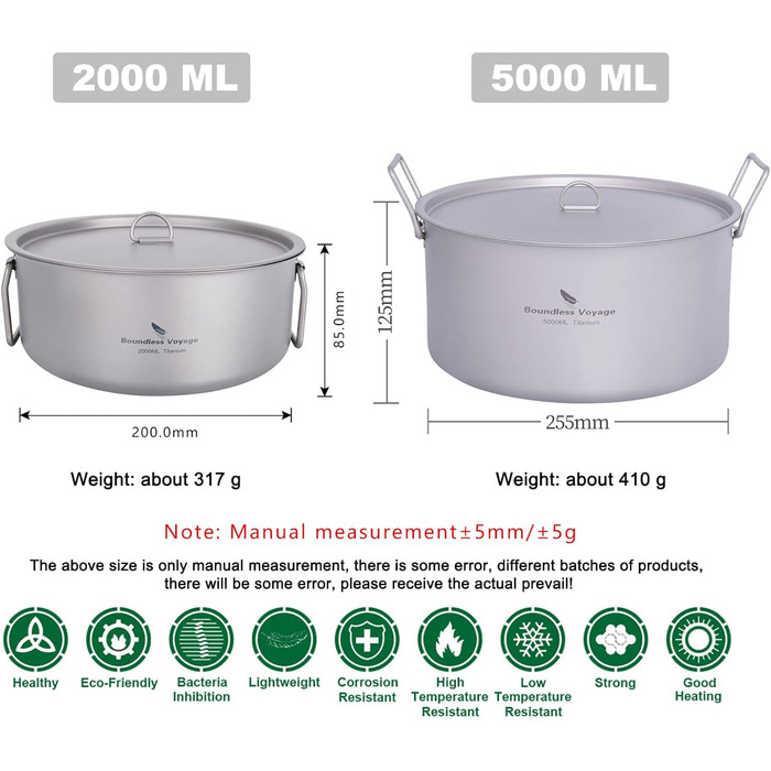 Титановий казан iBasingo 2L/5L з кришкою та складною ручкою для кемпінгу, походів і кухні, легкий туристичний посуд для приготування супу, велика місткість на 6-9 осіб