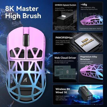Ігрова миша Attack Shark R2 магнієва, сенсор PixArt PAW3950, бездротова 8K, 42000 DPI, ультралегка 48г, BT/2.4G/кабель, фіолетова
