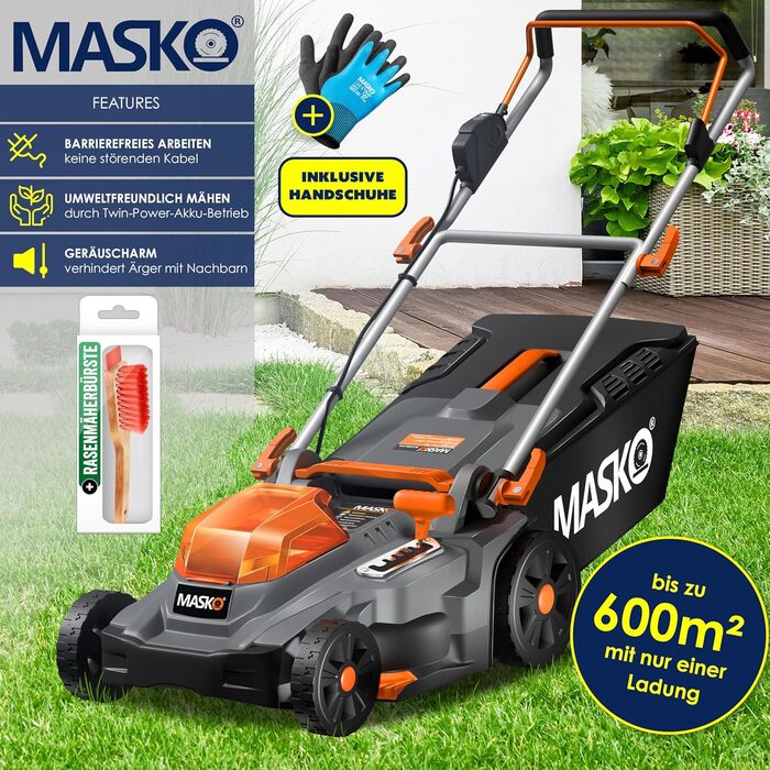 Акумуляторний газонокосарка MASKO з функцією мульчування, 2 акумулятори Li-Ion 4Ah, подвійний зарядний пристрій, триммер, ширина зрізу 37 см, 6 положень висоти, кошик 40 л, площа до 600 м², в комплекті рукавички та щітка, чорний/помаранчевий