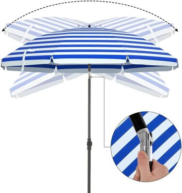Пляжна парасоля SONGMICS 160 см, захист UPF 50+, регульована висота, кут нахилу 30°, з чохлом, для балкону, саду, пляжу, без підставки, синьо-біла смужка