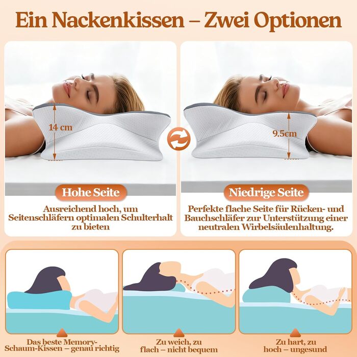 Подушка для шиї з піни Memory Foam: ортопедична подушка для сну на боці, спині та животі (Сіра)