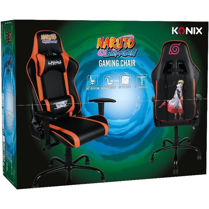 Ігрове крісло Konix Naruto Shippuden Premium, PVC-шкіра, ергономічне, з подушками для попереку та шиї, нахил 150°, дизайн Хокаге, чорне з помаранчевим