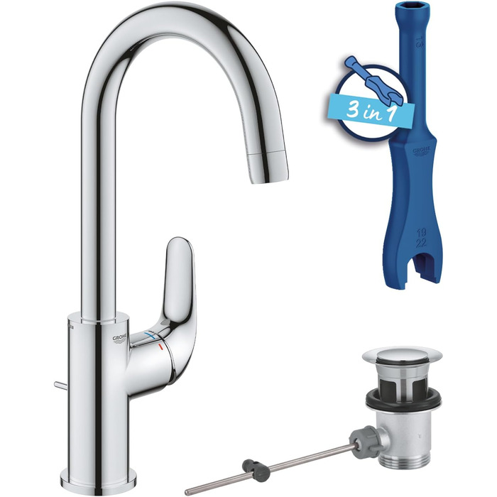 Змішувач для ванної кімнати GROHE Swift, високий, водозберігаючий, хром, 31 см, з інструментом 3-в-1, для встановлення на раковину