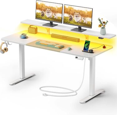 Електричний стіл Rolanstar 160x60 см з регулюванням висоти, LED-підсвіткою, розетками та USB, ергономічний комп'ютерний стіл для геймінгу й офісу