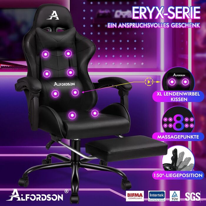 Ігровий крісло ALFORDSON Gamer з регульованою підніжкою, 8 точками масажу, нахилом 150°, PU-шкіра, чорний, Eryx Series, до 180 кг