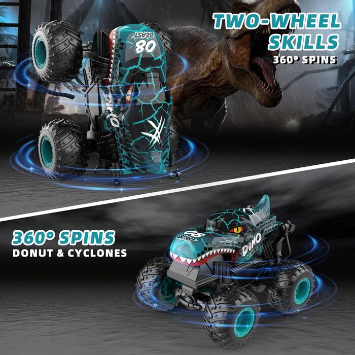 RC Monstertruck 1:20 2.4GHz Динозавр – Радіокерований позашляховик, 20 км/год, LED, Музика, для хлопчиків та дівчаток від 3 років, Зелений