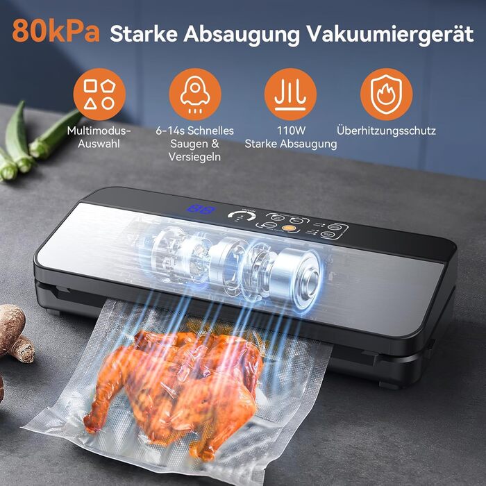 Вакууматор 8-в-1 для продуктів з потужністю 80 КПа, режимами «сухий/вологий», вбудованим різаком та відсіком для пакетів, цифровим таймером, нержавіюча сталь (комплект: шланг, 2 рулони, 11 пакетів)