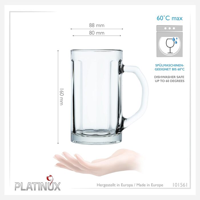 Набір скляних пивних кухлів PLATINUX з ручкою, 500 мл, 6 шт. (макс. 650 мл), прозорі пивні келихи, кухлі для пива, 0,5 л, 0,6 л