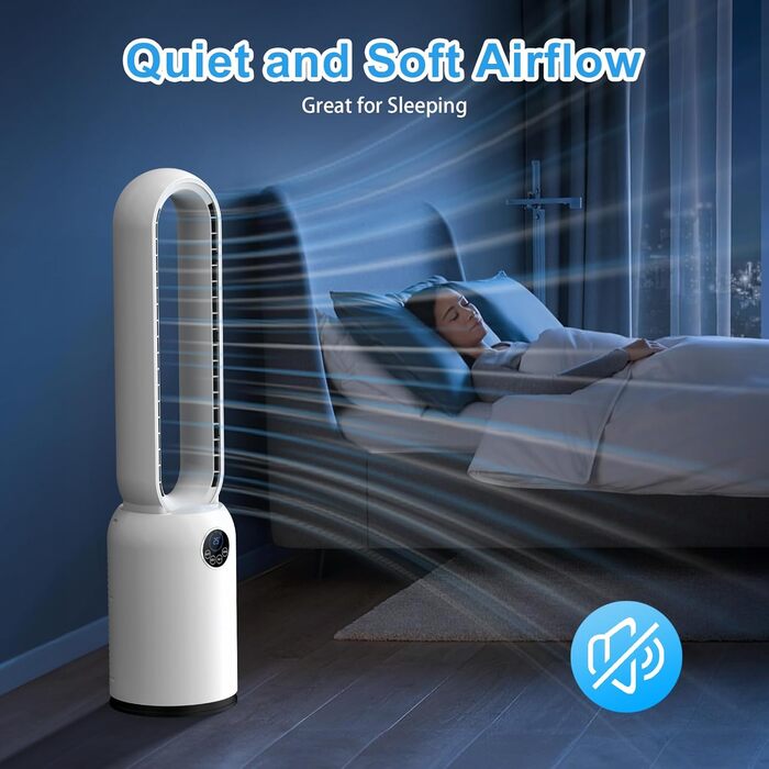Безлопатевий вентилятор Turmventilator 88 см з LED-дисплеєм та пультом ДУ, 55 Вт, таймер 12 год, для спальні та офісу (білий)