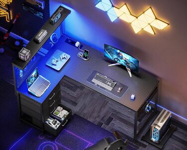 Ігровий стіл Coleshome з LED підсвічуванням, 110x80 см. Зручний стіл з шухлядами та розетками, кутовий, з полицею та місцем для зберігання. Чорний, карбон.