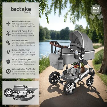 Дитяча коляска Tectake 2 в 1, розкладний візок-бугі з функцією ліжечка, з підставкою для ніг, візок з тримачем для напоїв, знімною колискою та дощовиком (Сірий)