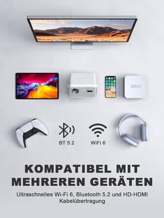 Смарт-проектор VISSPL 4K Home Cinema, 1000 ANSI люмен, WiFi 6, Bluetooth, Autofokus, Trapezoidна корекція, Full HD 1080P для дому та вулиці, Білий
