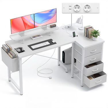 Кутовий офісний стіл Claiks L-подібної форми з 4 ящиками, USB-зарядкою та розеткою, 140x80 см, білий